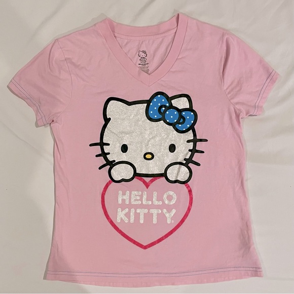 Sanrio Tops - Hello Kitty pink & glitter heart & face sleep V neck tee blue bow Sanrio kawaii